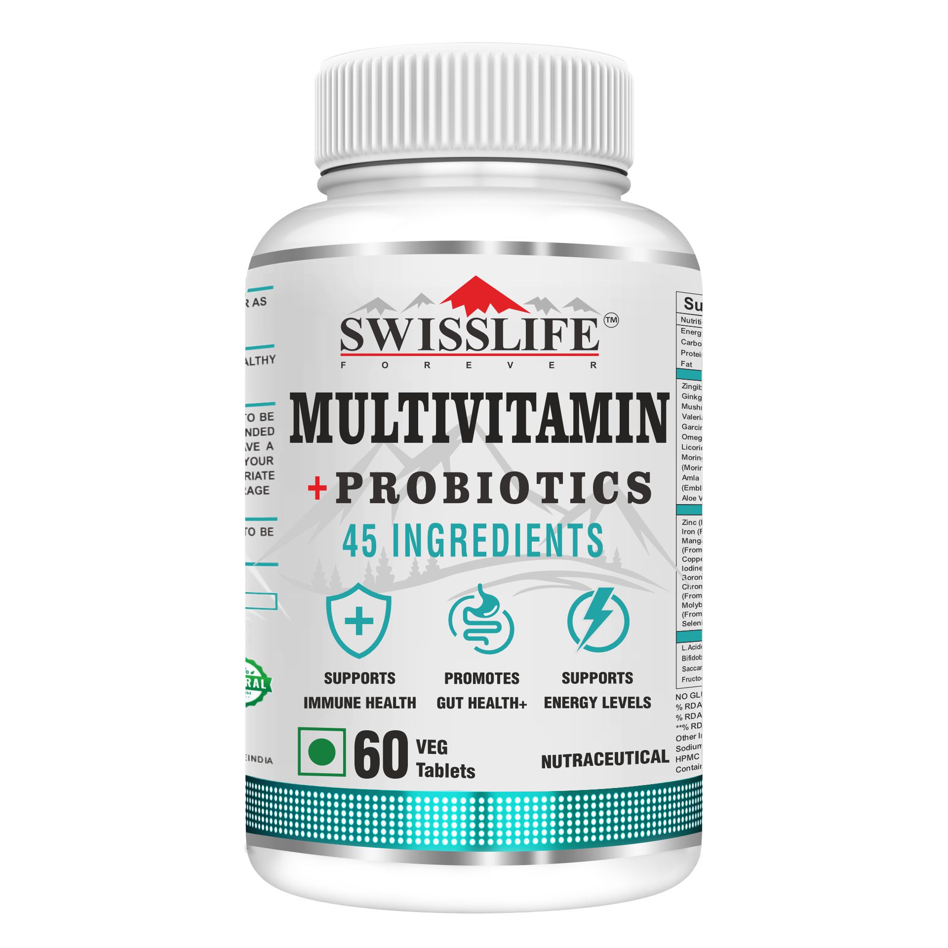 SwissLife Forever Multivitamin with Probiotics | 45 Ingredients with Vitamins A, B Complex, C, D, E, Zinc, Biotin, Minerals & Giloy | For Men & Women | 60 Tablets