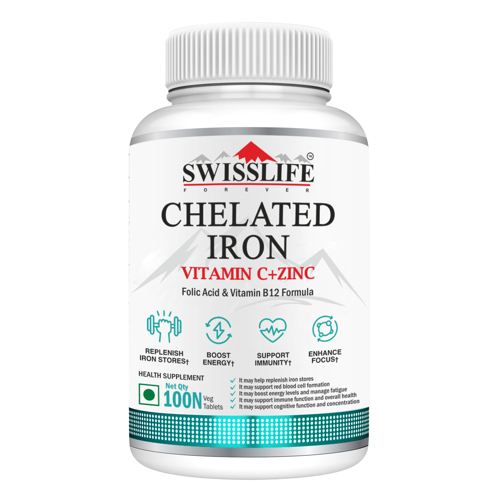 SwissLife Forever Chelated Iron Tablets | Iron, Vitamin C, Zinc, Folic Acid & Vitamin B12 Formula for Anemia Support, Energy, Immunity, and Overall Health for Men & Women | 100 Tablets
