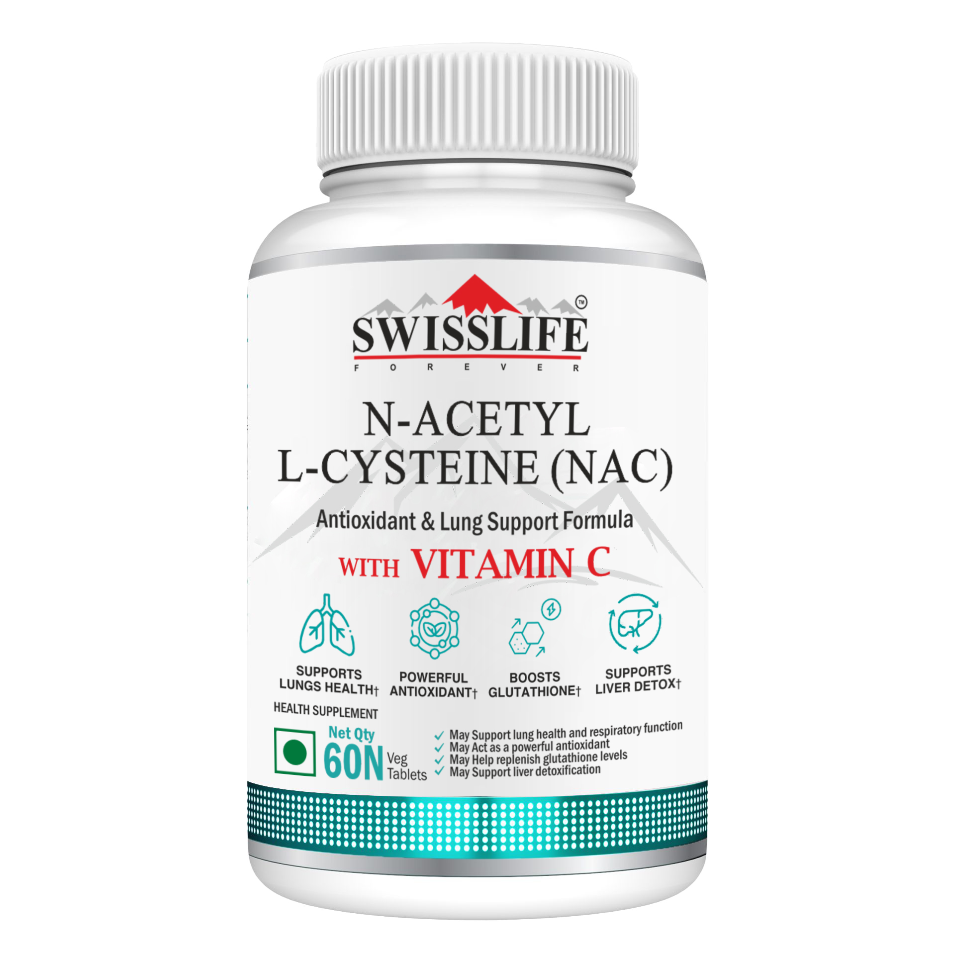 SwissLife Forever N-Acetyl L-Cysteine (NAC) 600mg | Antioxidant & Lung Support Formula for Immunity, Liver Health, and Cellular Protection | 60 Tablets
