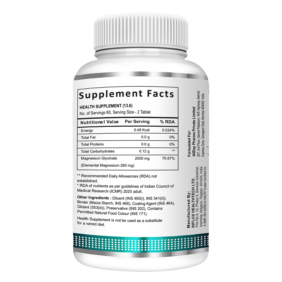 Magnesium Glycinate Tablets | Chelated Magnesium Glycinate | Dietary Tablets with Mineral and Amino Acid Help in Bone Health, Muscle Health & Heart Health for Men & Women | 120 Tablets - Image 2