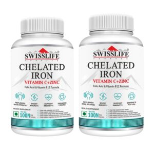 SwissLife Forever Chelated Iron Tablets | Iron, Vitamin C, Zinc, Folic Acid & Vitamin B12 Formula for Anemia Support, Energy, Immunity, and Overall Health for Men & Women | 100 Tablets ( Pack of 2)