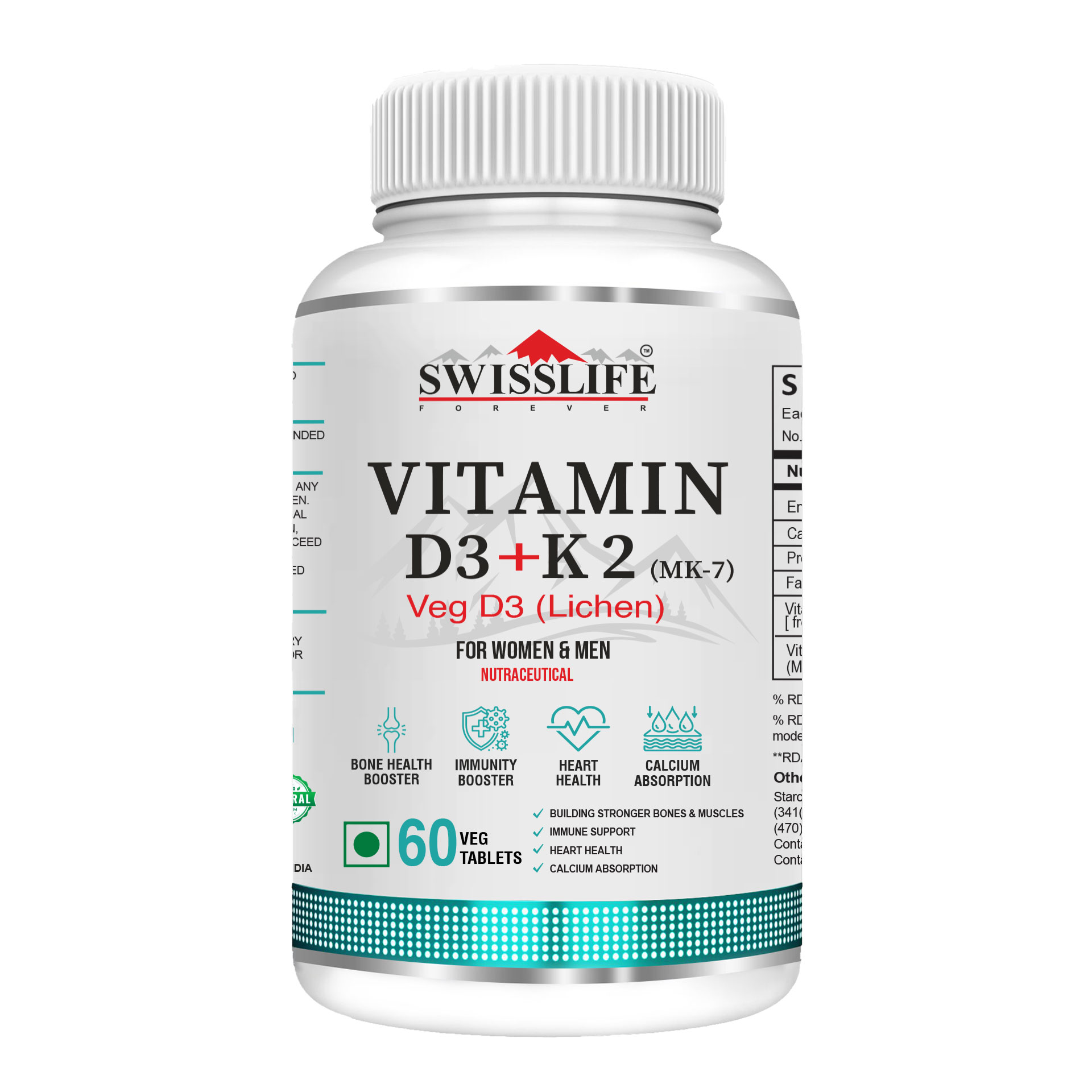 SwissLife Forever Vitamin D3 + K2 (MK7) | Plant-Based Vitamin D3 from Lichen | Supports Immunity, Heart, Muscle & Bone Health | Men & Women | 60 Tablets