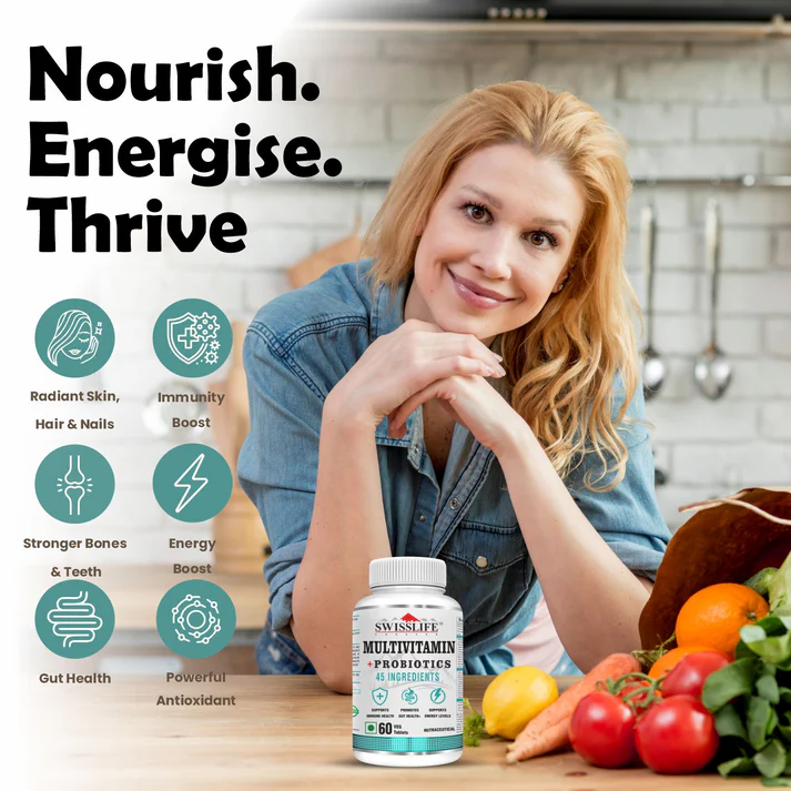 SwissLife Forever Multivitamin with Probiotics | 45 Ingredients with Vitamins A, B Complex, C, D, E, Zinc, Biotin, Minerals & Giloy | For Men & Women | 120 Tablets - Image 4