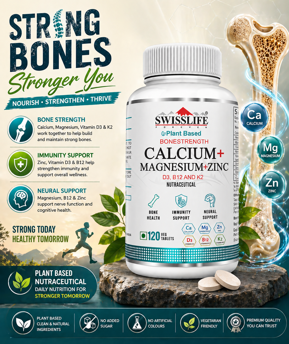 SwissLife Forever Calcium Magnesium Zinc with Vitamin D3, K2 MK7 & B12 | Bone Strength, Immunity & Nerve Health Support | Calcium Supplement for Men & Women | 120 Tablets - Image 4