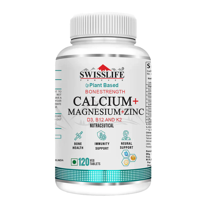SwissLife Forever Calcium Magnesium Zinc with Vitamin D3, K2 MK7 & B12 | Bone Strength, Immunity & Nerve Health Support | Calcium Supplement for Men & Women | 120 Tablets
