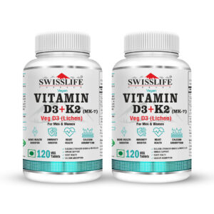 SwissLife Forever Vitamin D3 + K2 (MK7) | Plant-Based Vitamin D3 from Lichen | Supports Immunity, Heart, Muscle & Bone Health | Men & Women |120 Tablets (Pack of 2 )