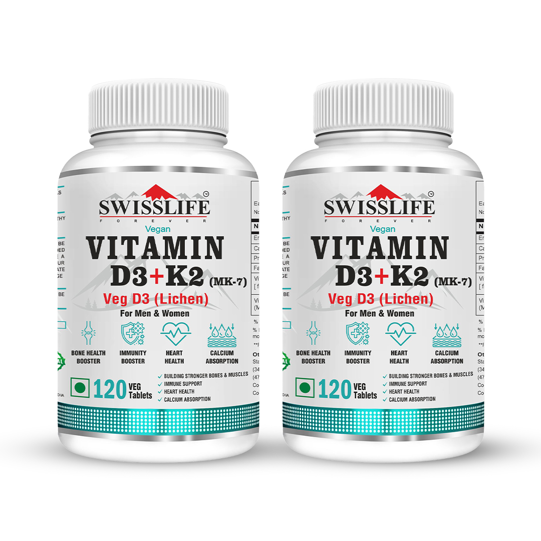 SwissLife Forever Vitamin D3 + K2 (MK7) | Plant-Based Vitamin D3 from Lichen | Supports Immunity, Heart, Muscle & Bone Health | Men & Women |120 Tablets (Pack of 2 )