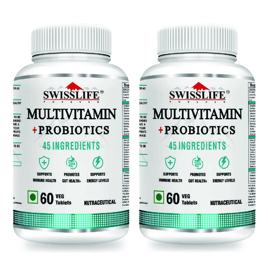 Swisslife Forever Multivitamin with Probiotics - 45 Ingredients for Men and Women | Vit. A, B Vitamins, C, D, E | Biotin, Zinc, Vitamins, Minerals and Giloy | 60 Tablets ( Pack of 2 )