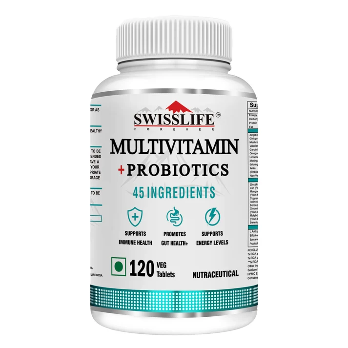 SwissLife Forever Multivitamin with Probiotics | 45 Ingredients with Vitamins A, B Complex, C, D, E, Zinc, Biotin, Minerals & Giloy | For Men & Women | 120 Tablets