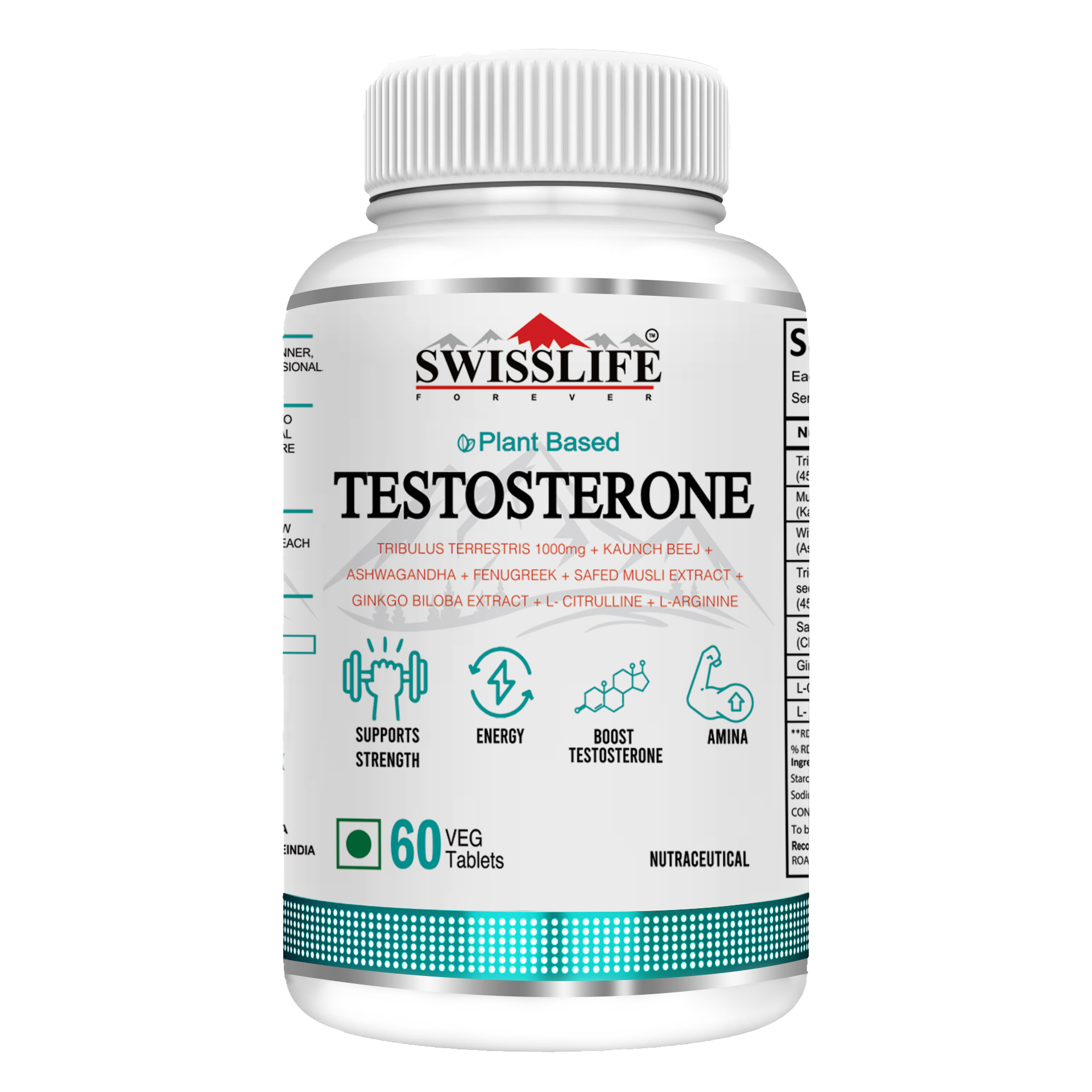 SwissLife Forever Testosterone Supplement for Men | Tribulus 1000mg, Ashwagandha, L-Citrulline, Kaunch Beej | Plant-Based Formula | Supports Strength, Stamina, Energy & Performance | 60 Tablets