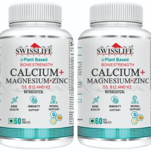 Calcium Magnesium Zinc with Vitamin D3, K2 MK7 & B12 | Bone Strength, Immunity & Nerve Health Support | Calcium Supplement for Men & Women | 60 Tablets (Pack of 2)