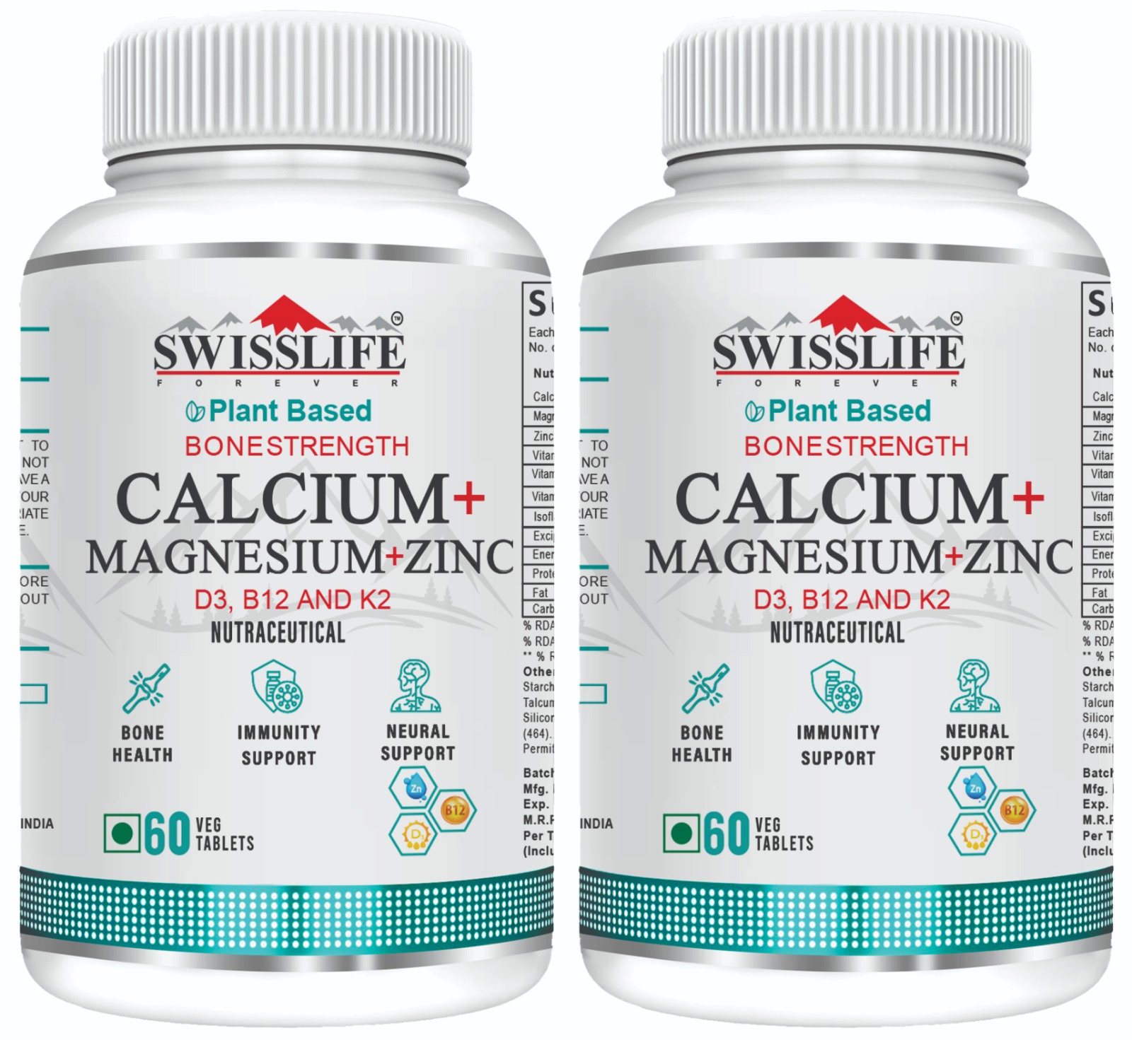 Calcium Magnesium Zinc with Vitamin D3, K2 MK7 & B12 | Bone Strength, Immunity & Nerve Health Support | Calcium Supplement for Men & Women | 60 Tablets (Pack of 2)